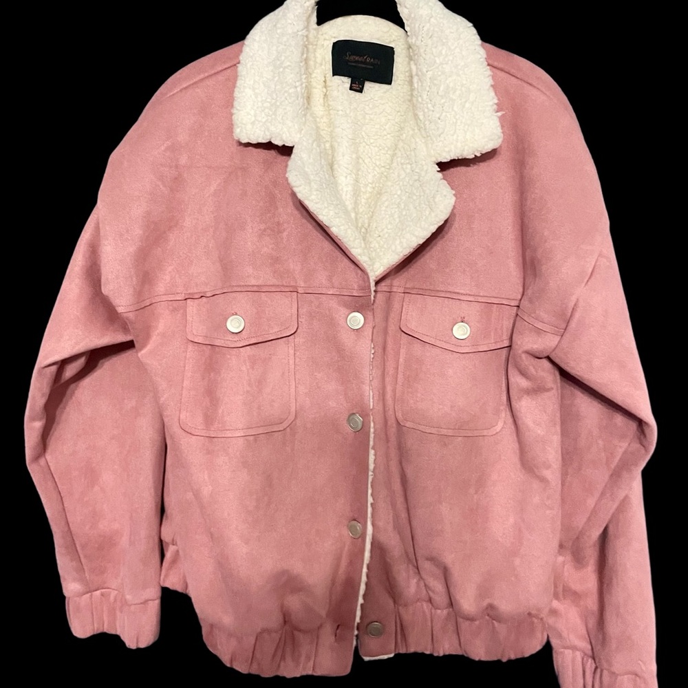 Womens faux suede jacket L pink sherpa lined